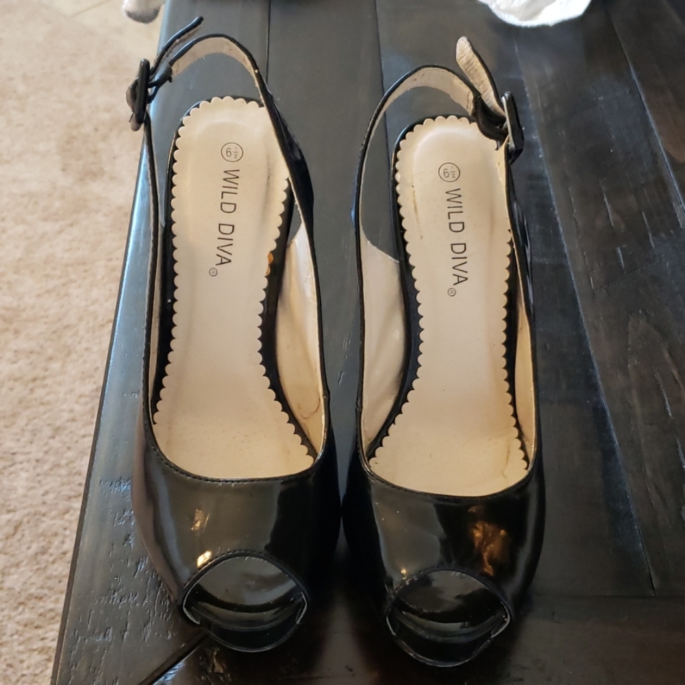 Black Patent leather peep toe heels
